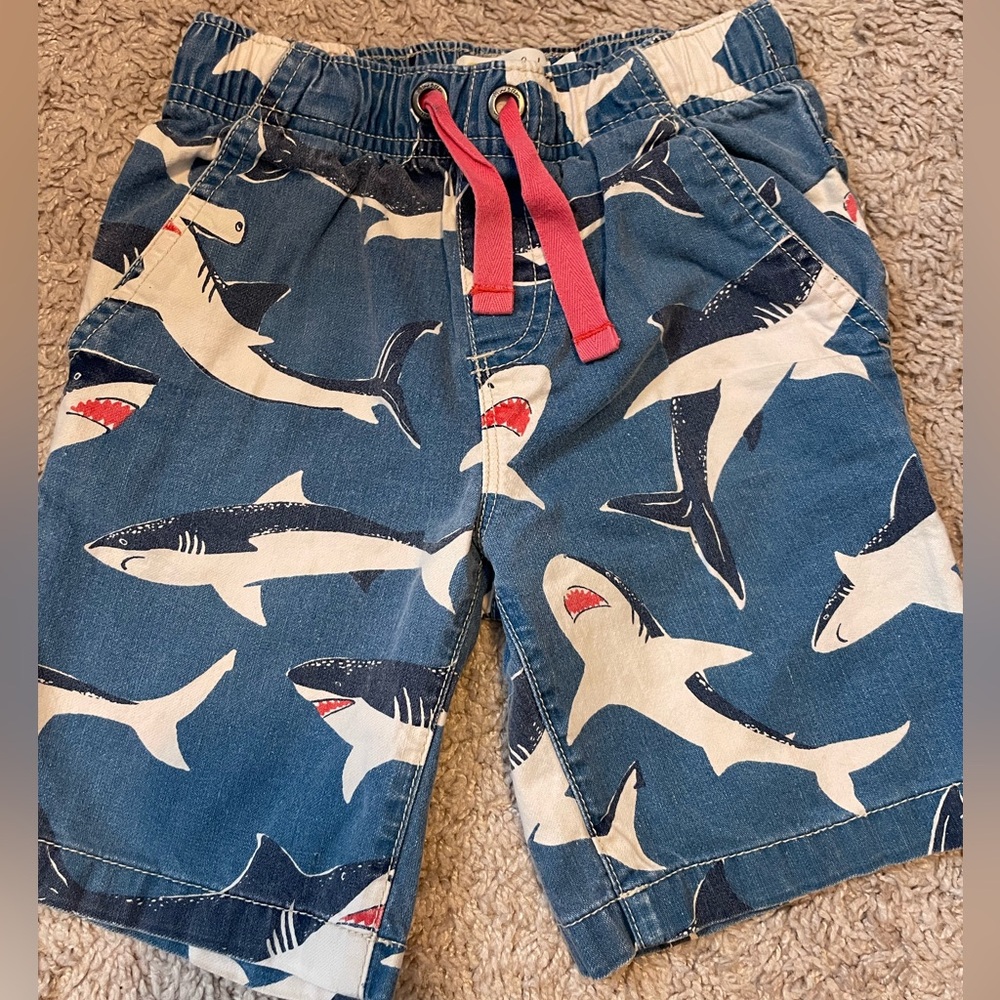 Boys Mini Boden Distressed Shark Print Shorts